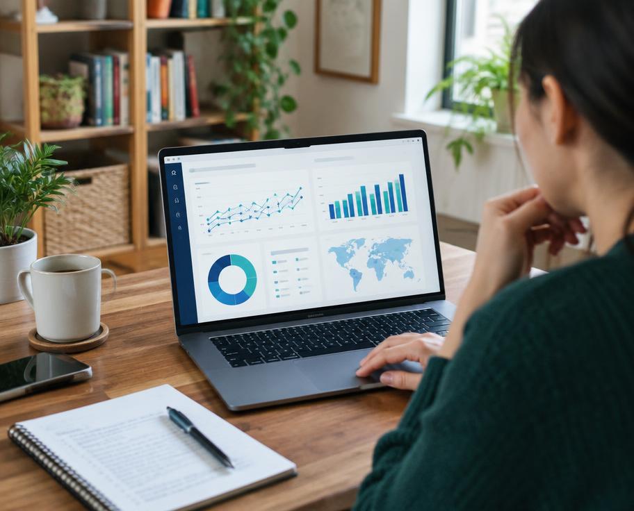 Adult learner reviewing charts on a laptop at home